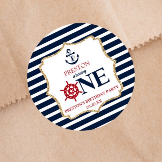 Nautical Navy Blue ONE Eerste 1e verjaardagsfeestj Ronde Sticker