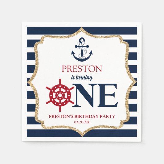 Nautical Navy Blue ONE Eerste 1e verjaardagsfeestj Servet (Voorkant)