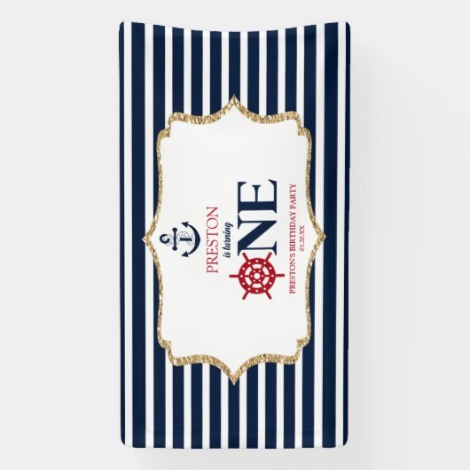 Nautical Navy Blue ONE Eerste 1e verjaardagsfeestj Spandoek (Verticaal)