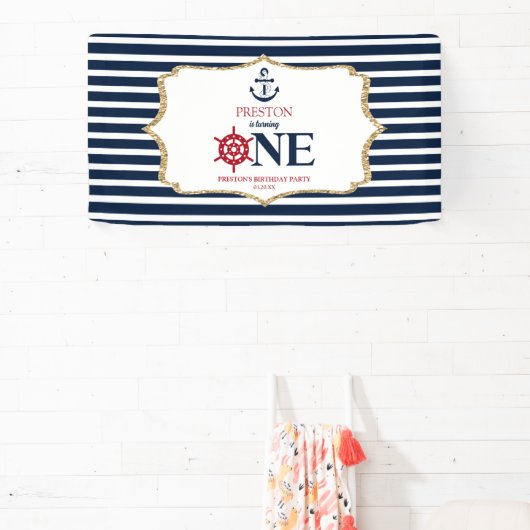 Nautical Navy Blue ONE Eerste 1e verjaardagsfeestj Spandoek (Insitu)