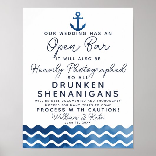 Nautical Navy Blue Open Bar Poster (Voorkant)