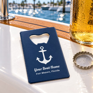 Nautical Navy Blue Personalized Boat Name Creditkaart Flessenopener