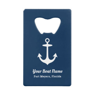 Nautical Navy Blue Personalized Boat Name Creditkaart Flessenopener