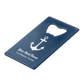 Nautical Navy Blue Personalized Boat Name Creditkaart Flessenopener (Voorkant Gekanteld)