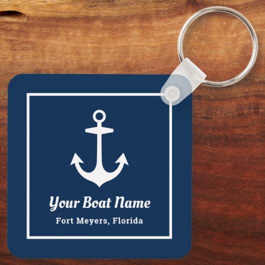 Nautical Navy Blue Personalized Boat Name Sleutelhanger (Achterkant)