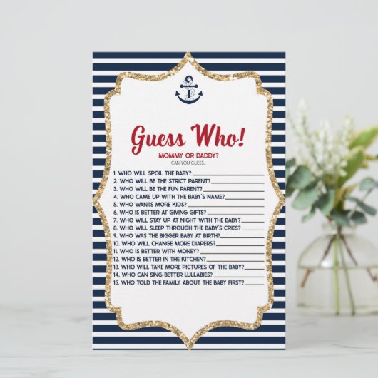 Nautical Navy Blue Raad eens wie! Baby shower game Briefpapier (Staand voorkant)