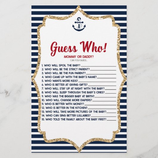 Nautical Navy Blue Raad eens wie! Baby shower game Briefpapier (Voorkant)