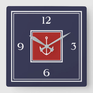 Nautical Navy Blue Red Anchor Square Wall klok