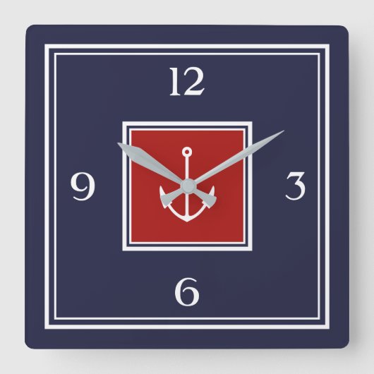 Nautical Navy Blue Red Anchor Square Wall klok (Voorkant)