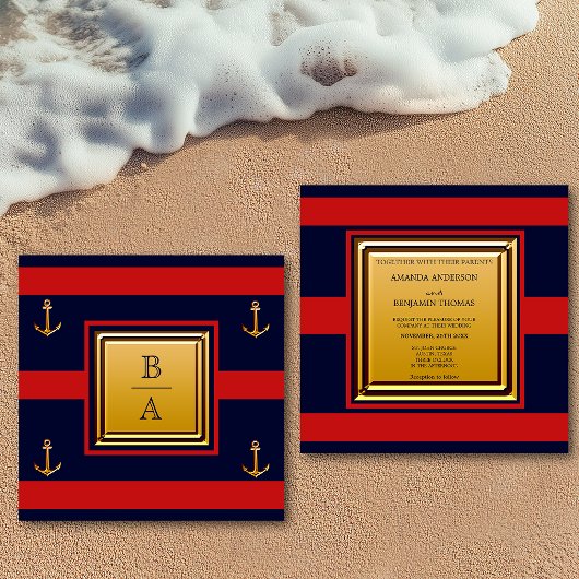 Nautical Navy Blue Red Stripes Anchor Wedding Invi Kaart