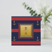 Nautical Navy Blue Red Stripes Anchor Wedding Invi Kaart (Staand voorkant)