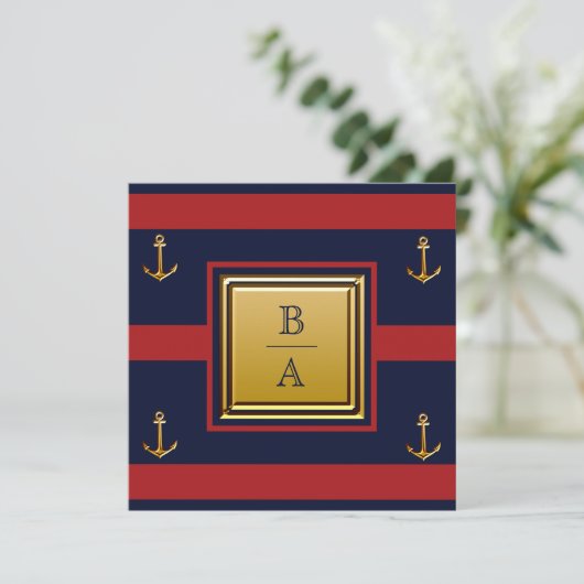 Nautical Navy Blue Red Stripes Anchor Wedding Invi Kaart (Staand voorkant)