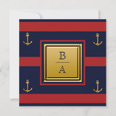 Nautical Navy Blue Red Stripes Anchor Wedding Invi Kaart (Voorkant)