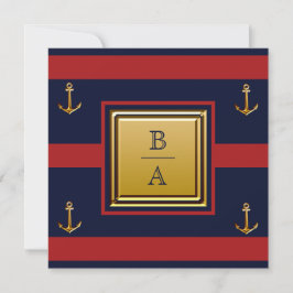 Nautical Navy Blue Red Stripes Anchor Wedding Invi Kaart