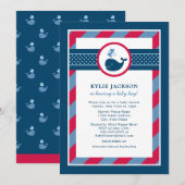 Nautical Navy Blue Red Whale Boy Baby shower Kaart (Voorkant / Achterkant)
