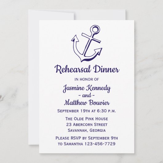 Nautical Navy Blue Rehearsal Dinner Ship Anchor Kaart (Voorkant)