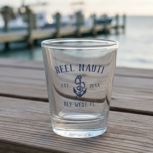 Nautical Navy Blue Rustic Anchor Boat Name Shot Glas