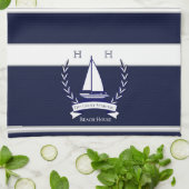 Nautical Navy Blue Sailboat Monogram Naam Theedoek (Gevouwen)