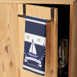 Nautical Navy Blue Sailboat Monogram Naam Theedoek