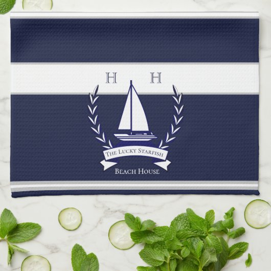 Nautical Navy Blue Sailboat Monogram Name Kitchen Theedoek (Gevouwen)
