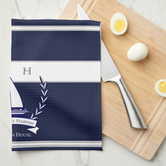 Nautical Navy Blue Sailboat Monogram Name Kitchen Theedoek (Quarter Fold)