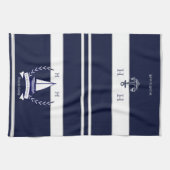 Nautical Navy Blue Sailboat Monogram Name Kitchen Theedoek (Horizontaal)