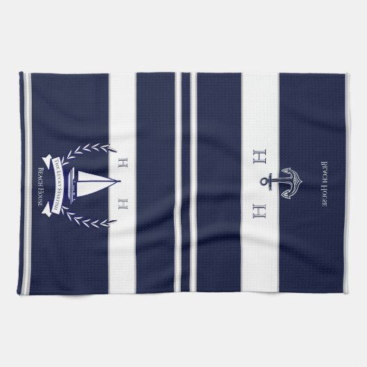 Nautical Navy Blue Sailboat Monogram Name Kitchen Theedoek (Horizontaal)