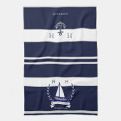 Nautical Navy Blue Sailboat Monogram Name Kitchen Theedoek (Verticaal)