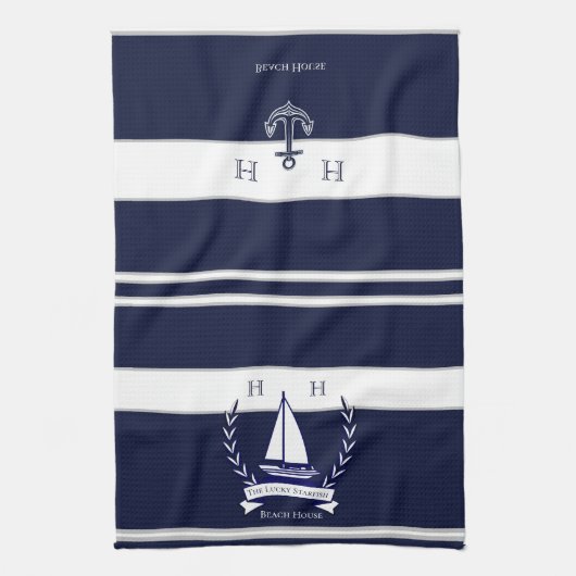 Nautical Navy Blue Sailboat Monogram Name Kitchen Theedoek (Verticaal)