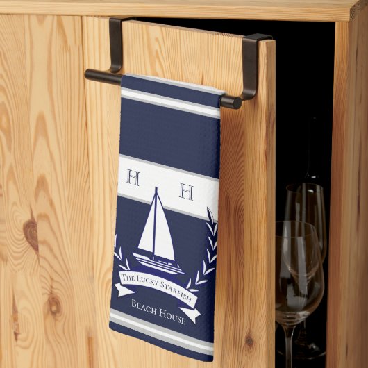 Nautical Navy Blue Sailboat Monogram Name Kitchen Theedoek (Derde Gevouwen)