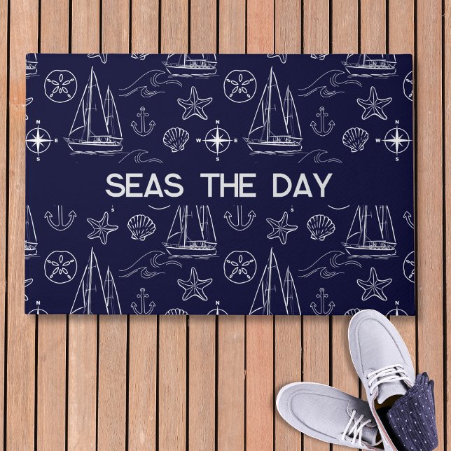 Nautical Navy Blue Sailboat Pattern Name  Deurmat (Creator heeft geüpload)