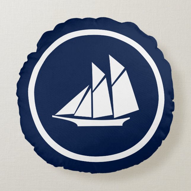 Nautical Navy Blue Sailboat Seapaarden Rond Kussen (Voorkant)