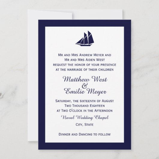 Nautical Navy Blue Sailboat Wedding Invitations Kaart (Voorkant)