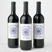 Nautical Navy Blue Ship Wheel Boat Name Sailing Wijn Etiket (Flessen)