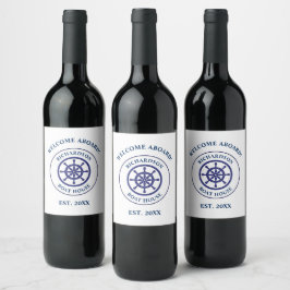 Nautical Navy Blue Ship Wheel Boat Name Sailing Wijn Etiket