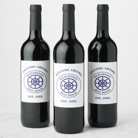 Nautical Navy Blue Ship Wheel Boat Name Sailing Wijn Etiket (Flessen)