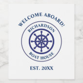 Nautical Navy Blue Ship Wheel Boat Name Sailing Wijn Etiket (Enkel label)