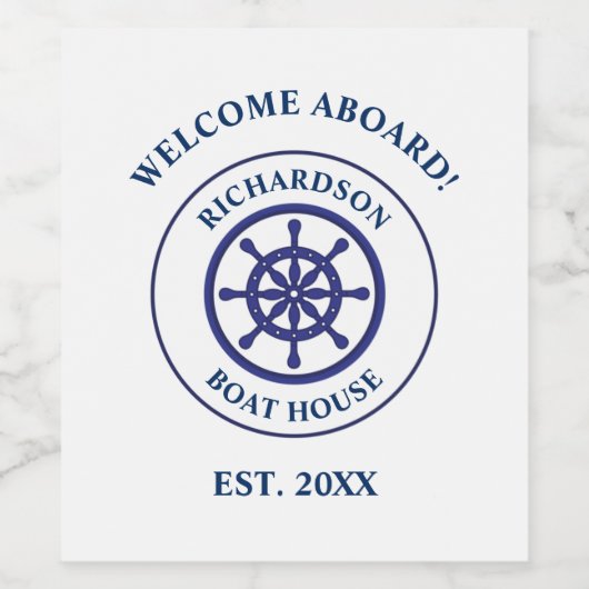 Nautical Navy Blue Ship Wheel Boat Name Sailing Wijn Etiket (Enkel label)