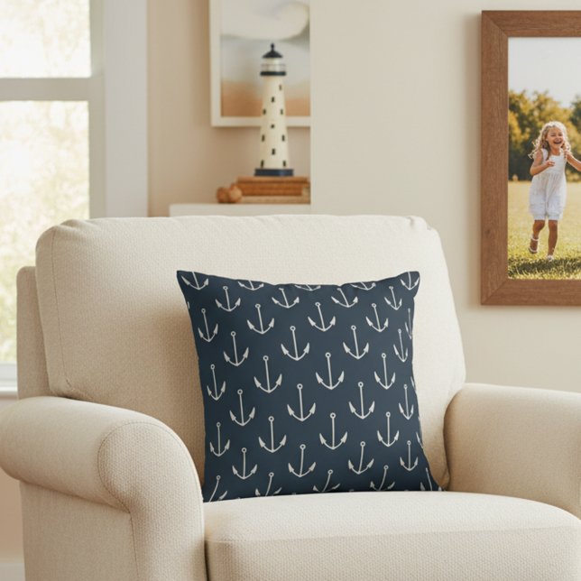 Nautical Navy Blue Sierkussen minimalistische anke (Navy blue anchor print throw pillow.)