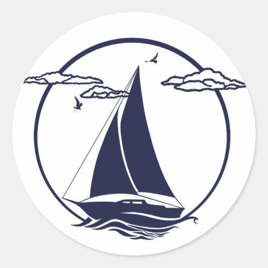 Nautical navy blue silhouette anchor/sailboat ronde sticker (Voorkant)