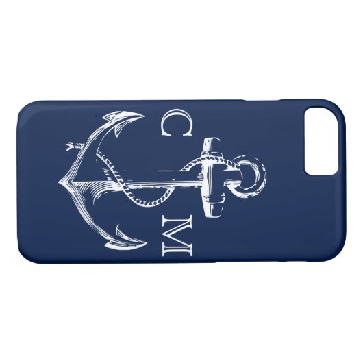 Nautical Navy Blue Sketch Anchor Monogrammed | Case-Mate iPhone Case (Achterkant (Horizontaal))