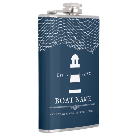 Nautical Navy Blue Specialized vuurtoren Boat Heupfles (Rechts)