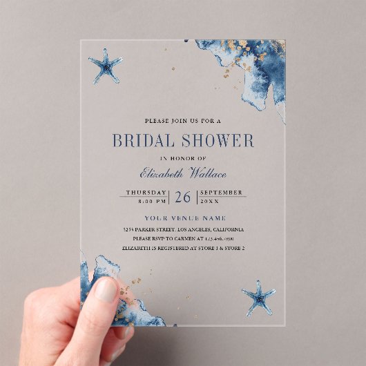 Nautical Navy Blue Starfish Bridal Shower Acryl Uitnodigingen (Insitu (Draagbaar))