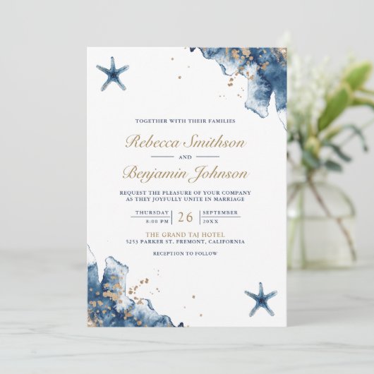 Nautical Navy Blue Starfish Foto QR Code Weddensch Kaart (Staand voorkant)