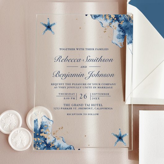 Nautical Navy Blue Starfish Wedding Acryl Uitnodigingen