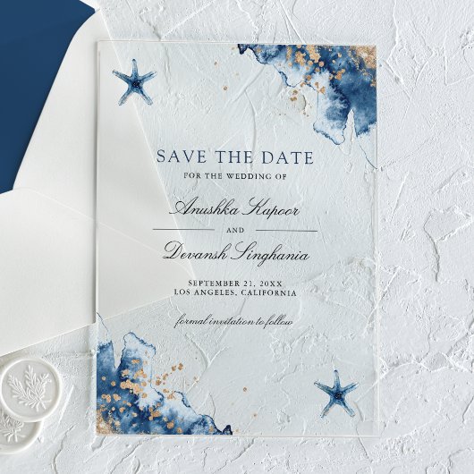 Nautical Navy Blue Starfish Wedding Save the Date Acryl Uitnodigingen