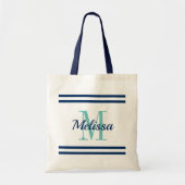Nautical navy blue strepen elegant aangepast monog tote bag (Voorkant)