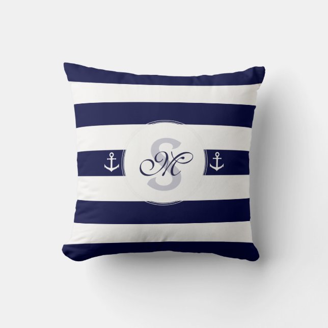 Nautical navy blue strepen kussen (Voorkant)