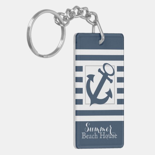 Nautical Navy Blue Stripe Beach House Sleutelhanger (Voorkant Links)