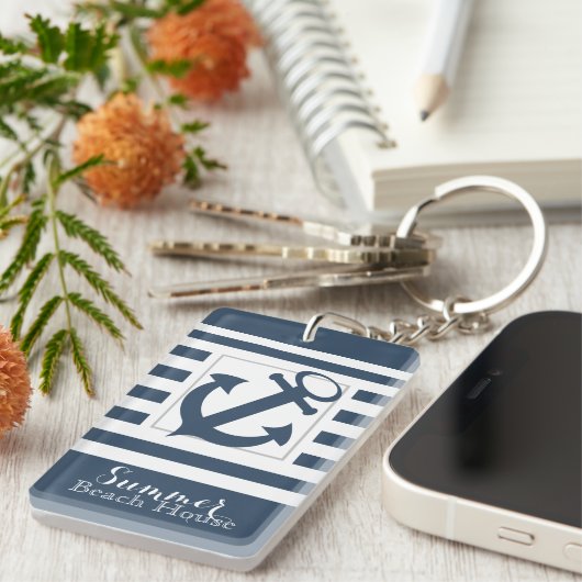 Nautical Navy Blue Stripe Beach House Sleutelhanger (Voorkant Rechts)